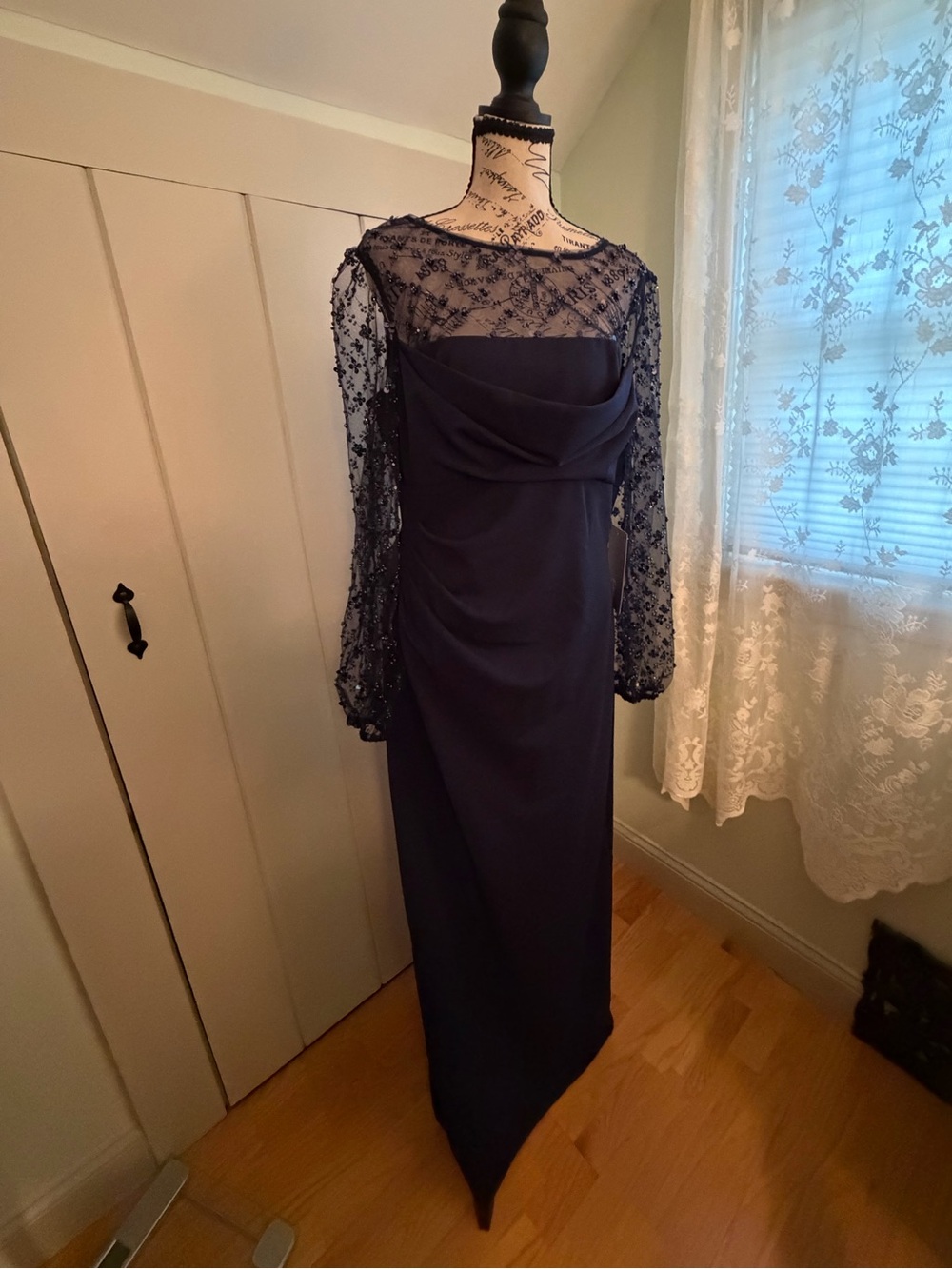 JS Collections Navy Long-Sleeve Beaded Evening Gown